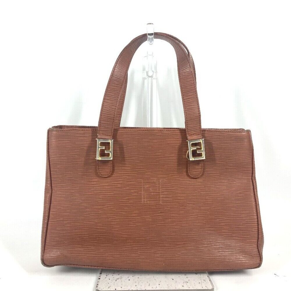 FENDI vintage FF logo Tote Bag Shoulder Bag Hand Bag Leather Brown